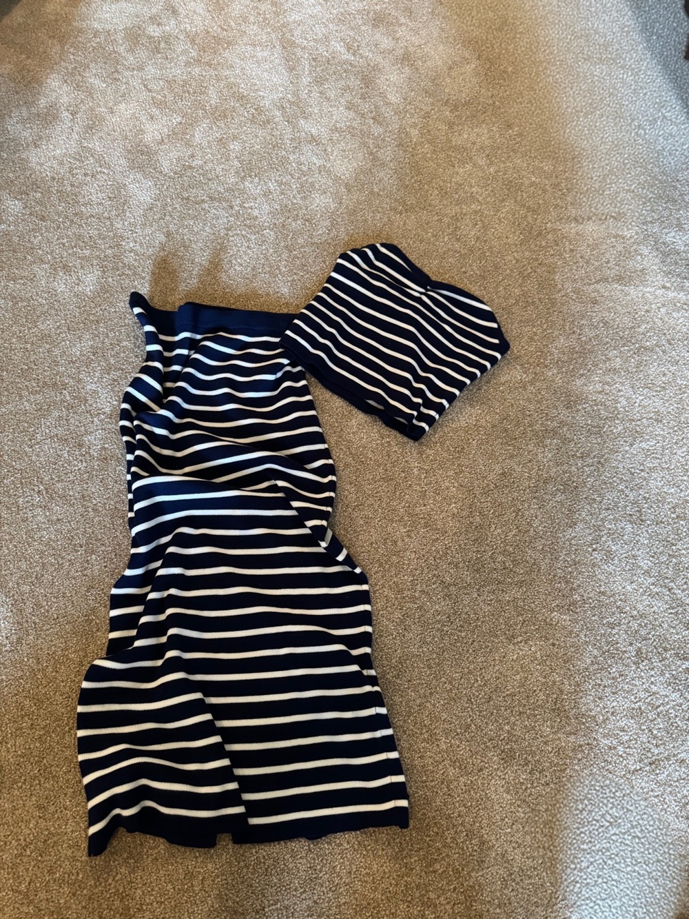 Navy and White Striped Two-Piece Strapless Top and Skirt Set Size L